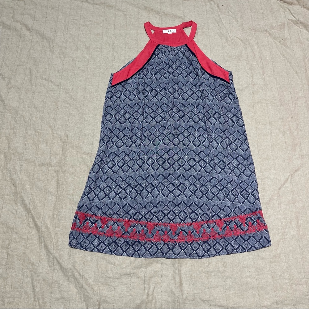 THML Anthropologie Blue And Pink Embroidered Sleeveless Shift Dress Size Medium